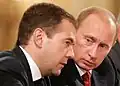 D. Medvedev & V. Poutine,président et p. ministre russes,photographiés en 2008.