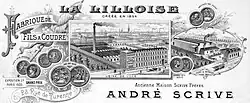 Dessin en noir et blanc représentant, à gauche plusieurs médailles surmontées du texte enluminé, fabrique de fils à coudre, au centre un encart rectangulaire représentant un ensemble industriel, l'usine de Lille, surmonté de la marque La Lilloise, à droite d'un médaillon représentant une autre usine plus petite, l'usine de Wervicq, en bas le nom du propriétaire, André Scrive