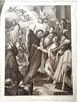 Morte di San Benedetto, d'après la peinture de Domenico Maria Canuti&nbsp;et les dessins de Francesco Rosaspina.
