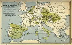 La carte représente les possessions de la dynastie Habsbourg dans l'Europe du XVIe&nbsp;siècle.