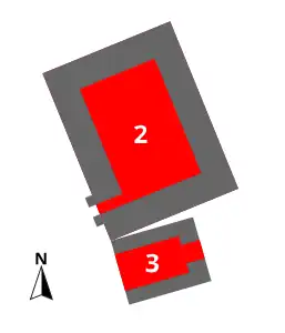 Schéma des vestiges du donjon lors des fouilles de 18962. donjon ;3. bâtiment adjacent.