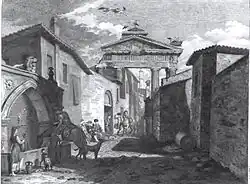 Gravure d'un portique enchâssé dans une ville