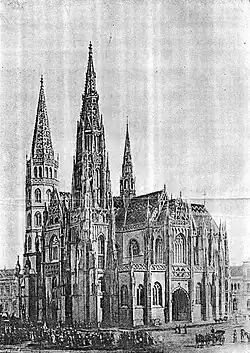 Une esquisse montre le projet, non réalisé, d'achèvement des tours en grandes flèches pointues