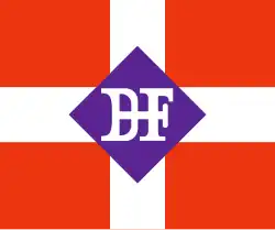 Dessin en couleurs d'un drapeau à fond rouge divisé en quatre par une croix blanche avec au centre les initiales « D F».
