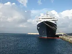 Le M/S Dream Princess à l'ancre dans le port de Rhodes en novembre 2007. Des filets de protection autour de la coque limitent les fuites d'huile.