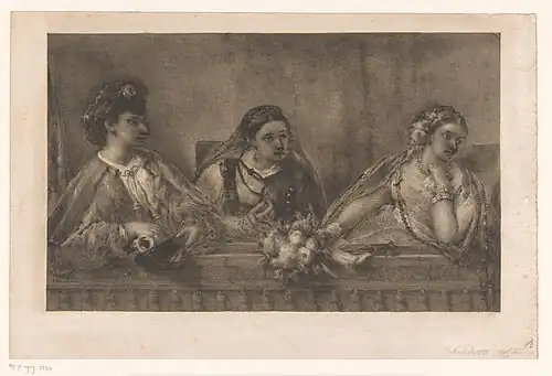 Trois dames dans la loge d'un théâtre, gravure d'après Jean-François Portaels.