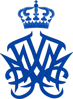 Monogramme de couleur bleu surmonté d'une couronne montrant les initiales latines MC et grecque Π enlacées.
