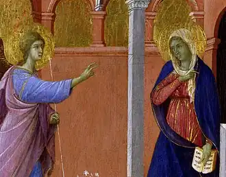 Détail de peinture. L'ange tend la main vers Marie qui se désigne du doigt.