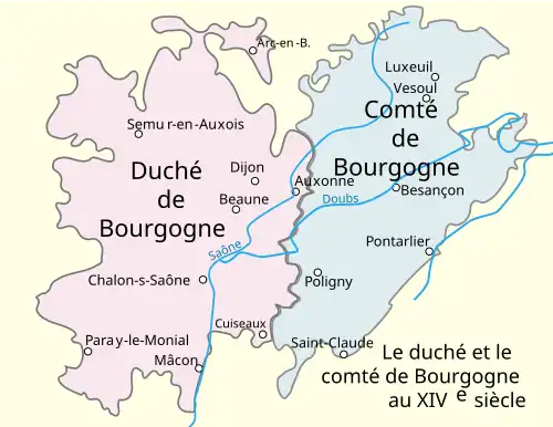 Carte du duché de Bourgogne à gauche en rose, et du comté de Bourgogne à droite en bleu