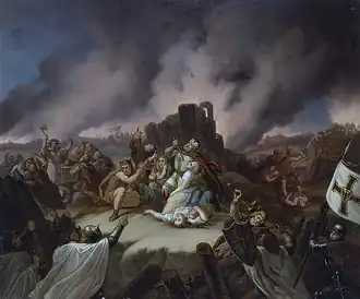 Le duc Margiris défendant Pilėnai de l'attaque teutonique en 1336, tableau de Władysław Majeranowski, XIXe&nbsp;siècle.