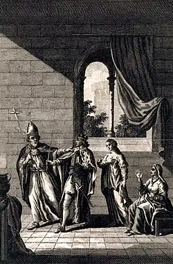 Gravure à la composition plus simple que les précédentes montrant la même scène : un jeune homme couronné pris par le bras par un vieil homme coiffé d'une tiare pour l'éloigner de deux femmes