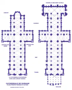 Plan primitif avec le chevet roman et plan avec la galilée et les Neuf Autels.