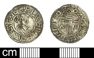 Pièce de monnaie d'Æthelred le Malavisé, Xe&nbsp;siècle.