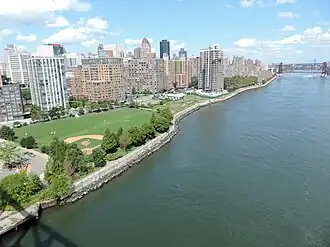Vue sur l'est de Roosevelt Island vers l'amont du pont de Queensboro (au fond, à droite, le Roosevelt Island Bridge).