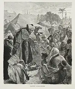 Gravure représentant un conteur oriental captivant son auditoire.