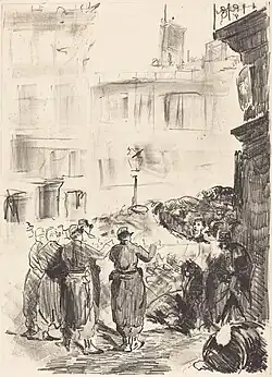 Dessin montrant une foule pressée contre une barricade.