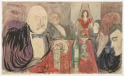 Représentation de Jørgen Engelhart, et Christian et Oda Krohg dans un café, par Edvard Munch