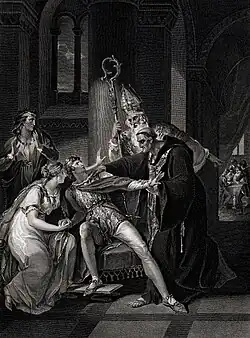 Gravure montrant un groupe de personnages : deux femmes à l'air inquiet se tiennent à gauche et deux hommes d'Église à l'air sévère à droite, l'un vêtu d'une bure de moine noire et l'autre arborant la crosse et la tiare d'un archevêque. Au centre, tiraillé entre les deux, est assis un jeune homme portant une couronne