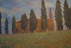 Église d'Arvigna peinte par R. Labitrie (1983).