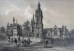 Église et calvaire de Pleyben près Châteaulin (dessin publié dans Félix Benoist, La Bretagne contemporaine, tome Finistère, 1867).