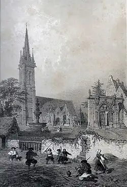 Eugène Cicéri : Église et fontaine de Saint-Jean-du-Doigt (dessin, 1867)