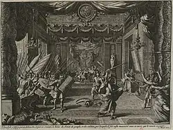 Gravure en noir et blanc d'une grande chambre de style Louis XIV, dans laquelle des gardes romains se jettent sur un homme, en arrière-plan au centre, et sur une femme de dos, au premier plan à droite.