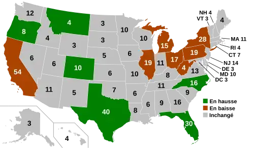 Collège électoral des États-Unis pour les élections présidentielles américaines de 2024 et 2028, établi d'après le recensement des États-Unis de 2020.