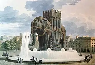 Aquarelle d'Alavoine (réalisée entre 1812 et 1813) signée par Denon (Paris, musée du Louvre). Dernier avant-projet où de l'eau jaillit encore de la trompe.