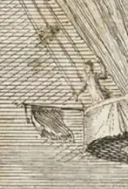 Gravure en noir et blanc. Gros plan sur une femme qui se tient debout derrière la barrière de la nacelle, sous le ballon et au-dessus d'un drapeau.