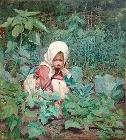 Fillette cueillant des concombres, huile sur toile (collection privée).