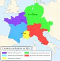 Fragmentation de l'empire carolingien vers 880.