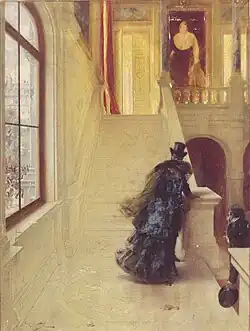 Tableau montrant l'impératrice s'enfuyant sous la garde de deux hommes par un grand escalier, un portrait de l'empereur Napoléon Ier dominant la composition.