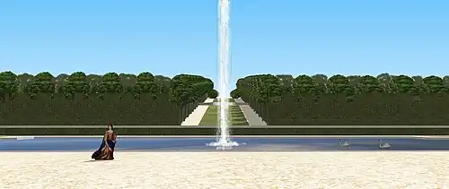 Vue de la perspective de Villeflix depuis la terrasse basse, avec l'allée qui descend de la terrasse du château à la Marne.