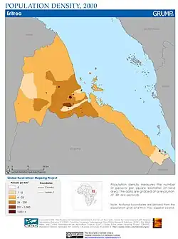 Carte de la densité de population de l'Érythrée avec une légende.