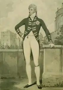 Gravure représentant un jeune homme en uniforme et perruque.