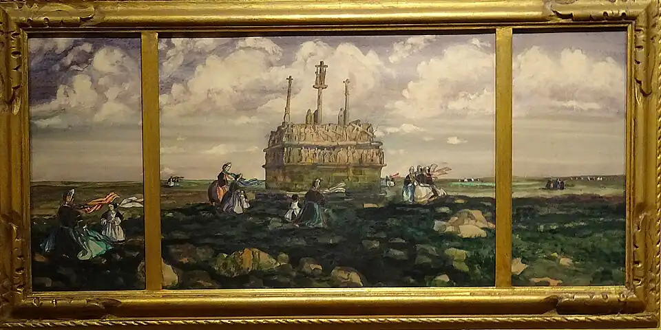 Ernest Guérin ː Les pèlerins au calvaire, Tronoën, vers 1930 (mine de plomb, aquarelle et gouache sur papier).