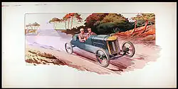 ...Bablot vu par le peintre et affichiste Ernest Montaut au GP de France 1913, sur la voiture no&nbsp;2.
