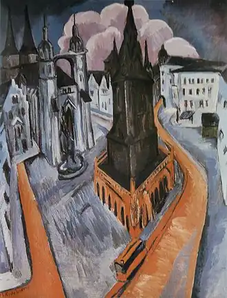 Der rote Turm in Halle (La Tour rouge à Halle), 1915, huile sur toile (120&nbsp;×&nbsp;91&nbsp;cm), musée Folkwang, Essen.