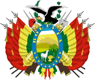 Écusson actuel de l’État Plurinational de Bolivie, décret du 5 août 2009 du Président Evo Morales. Depuis 2004 déjà, le lama (blanc) avait remplacé l'alpaga.