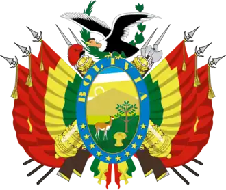 Armes de la Bolivie en 1961, toujours avec un alpaga (bicolore), mais avec le condor mâle