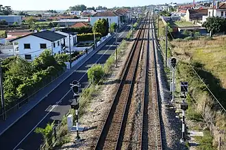 La voie ferrée traversant une partie urbanisée d'Esmoriz.
