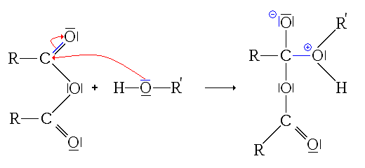 1re&nbsp;étape de l'estérification d'un anhydride d'acide : addition nucléophile de l'alcool sur l'anhydride