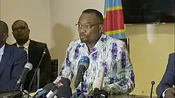 Conférence de presse du ministre de la Santé, Eteni Longondo, le 10 mars 2020, pour annoncer l'identification d'un premier cas de COVID-19 en RDC.