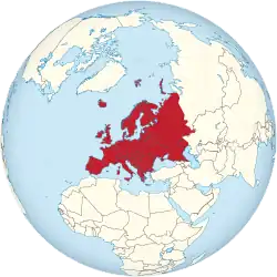 Carte administrative de l'hémisphère nord, montrant l'Europe en rouge.
