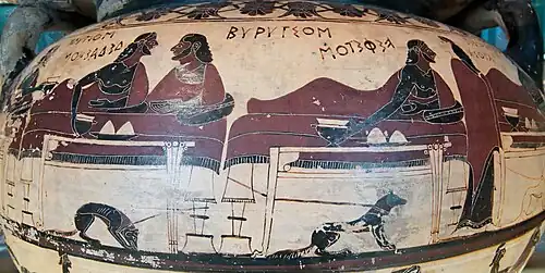 Eurytios et Héraclès banquetant, détail du Cratère d'Eurytios, d'origine corinthienne, v. 600 av. J.-C., retrouvé à Cerveteri. Musée du Louvre.