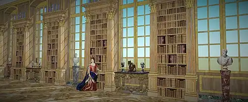 Évocation 3D de la "bibliothèque en galerie" située au rez-de-chaussée du château de Villeneuve-le-Roi, vers 1710.