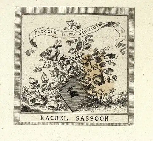 Un ex-libris héraldique du XIXe&nbsp;siècle, gravé pour Rachel Beer, aux armes Sassoon, avec des éléments décoratifs