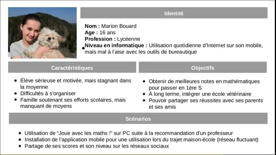 Une photo d'une jeune fille avec un chien. À côté, son identité la décrit comme Marion Bouard, une lycéenne de 16 ans connaissant l'informatique mais peu les outils de bureautique. Le persona décrit ses caractéristiques globales à l'école, ses objectifs à court (passer en 1ère S) et long (devenir vétérinaire) terme auxquels l'application peut répondre. En-dessous sont décrits des scénarions d'utilisation de l'application "Joue avec les maths".