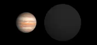 Tailles comparées de Jupiter et WASP-12 b.