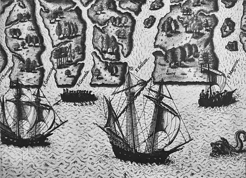 Exploration des côtes de la Floride française par l'expédition de Ribault et Laudonniere, (illustration de Jacques Le Moyne de Morgues)
